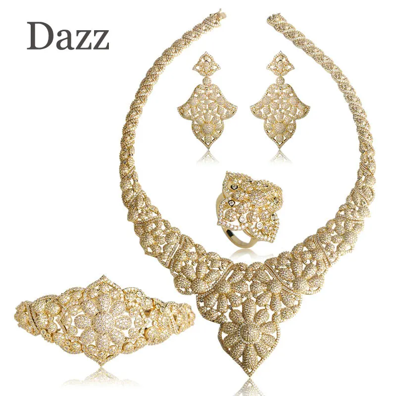 DAZZ Luxury Flower Zircons Rhinestones Large Choker Necklace Earrings Bracelet Ring Set Women Bridal Wedding Party Jewelry Sets цена DAZZ Luxury Flower Zircons Rhinestones Large Choker Necklace Earrings Bracelet Ring Set Women Bridal Wedding Party Jewelry Sets цены онлайн