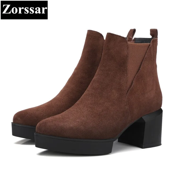 

{Zorssar} 2018 NEW arrival fashion Retro thick heel short Boots Cow Suede High heels women ankle boots pointed Toe women shoes