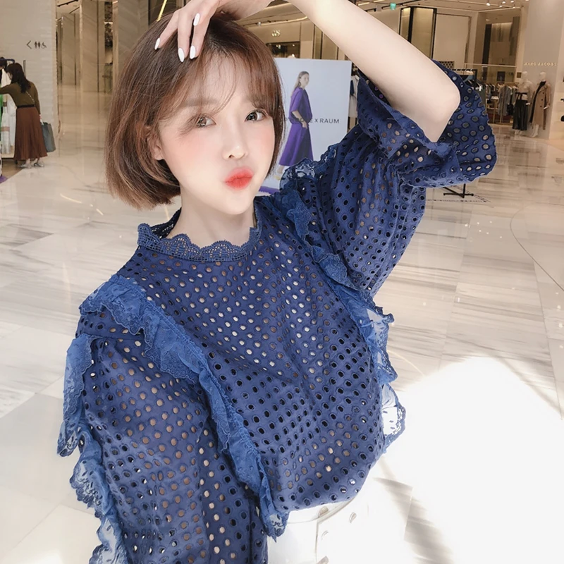 

Cute! Hollow Out Lace Patchwork Blouse Spring Summer Lady Shirt Women Top Fancy Chemise Femme Chemisier Blusa Mujer Camisa
