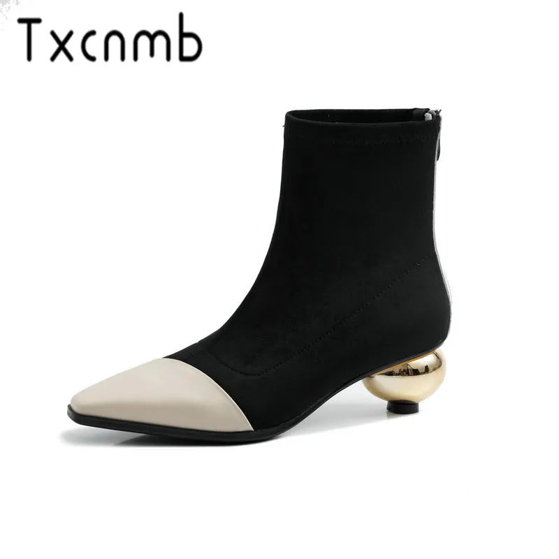 

TXCNMB 2019 Boots Women Ankle Boots Autumn Winter Warm Genuine Leather Strange High Heels Shoes Woman Motorcycle Boots