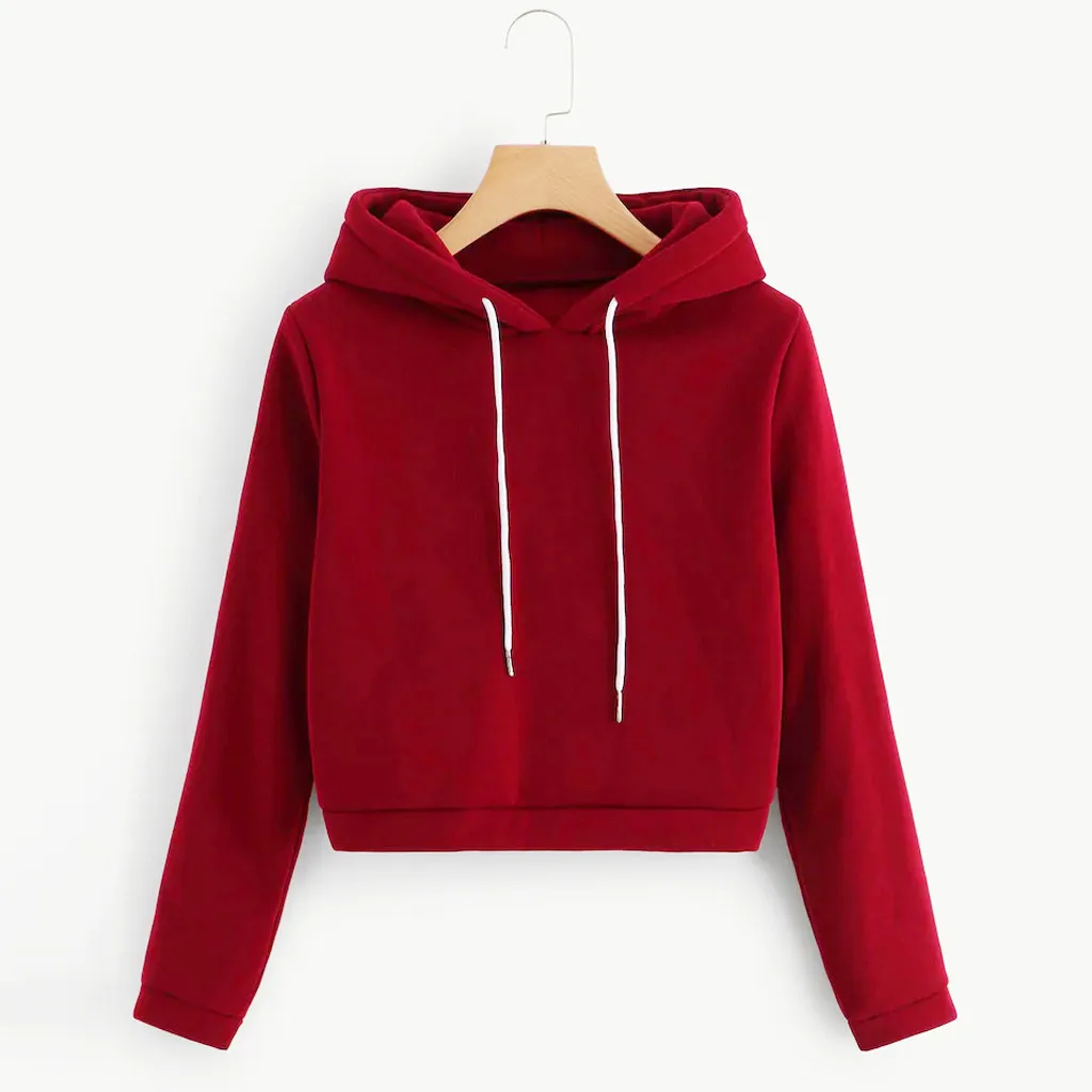 

feitong Women Cropped Sweatshirt Hooded Top Autumn Casual Solid Color Long Sleeve Streetwear Hoodie Sweatshirt Polerones Mujer