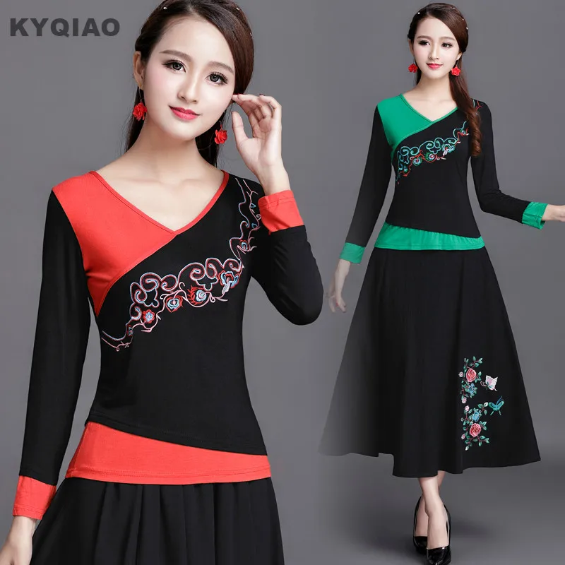 

KYQIAO Plus size women clothing women dance act costumes 2019 m-5xl female autumn spring patchwork embroidery t shirt tee top