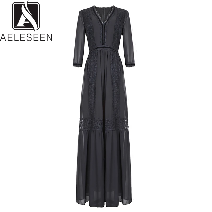 

AELESEEN Sexy Hollow Out Party Dresses Women Summer 2019 High QUality Lace Style Black Sky Blue Two Options Vintage Long Dress