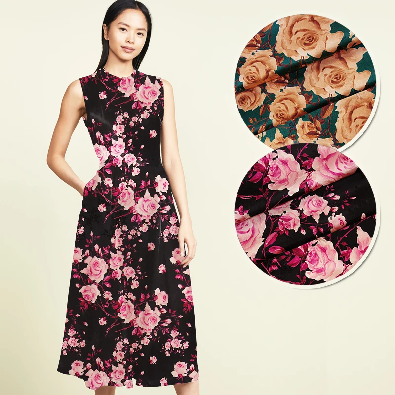 

118CM Wide 19MM Rose Jacquard Stretch Green Black Silk Satin Fabric Good for Summer Dress Skirt Shirt Pants JH004