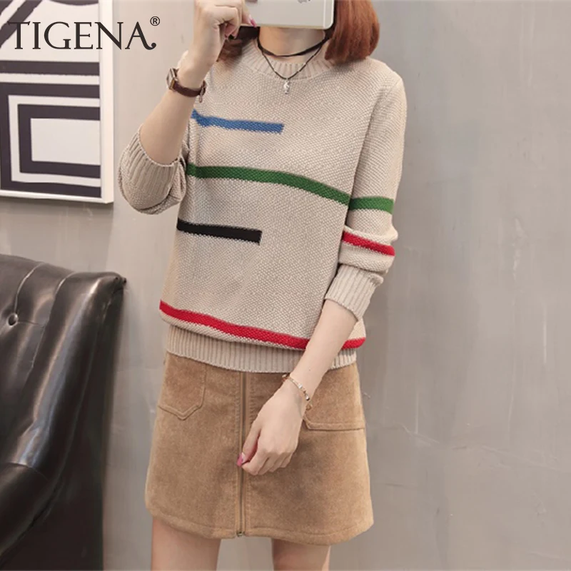 En Ligne TIGENA 2019 automne hiver pull pull femmes pull coréen belle couleur rayé à manches longues tricoté pull femme kaki