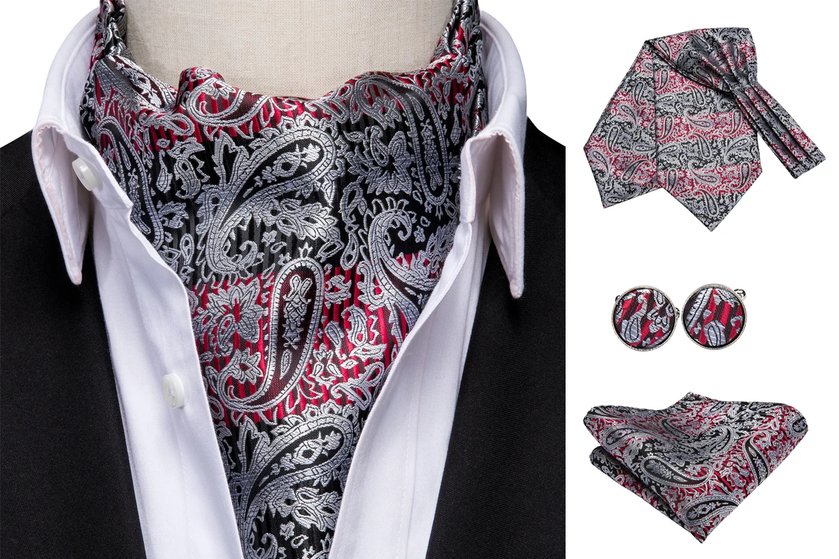 Для мужчин галстук Аскот Шелковый шейный платок красный цветочный шарф Галстуки карман Квадратные Запонки Набор конструктора для