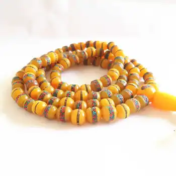 

BRO572 Simulated Beeswax Beads Tibetan 108PCS Meditation Prayer Bead Mala 8mm 10mm Inlay Metal silk