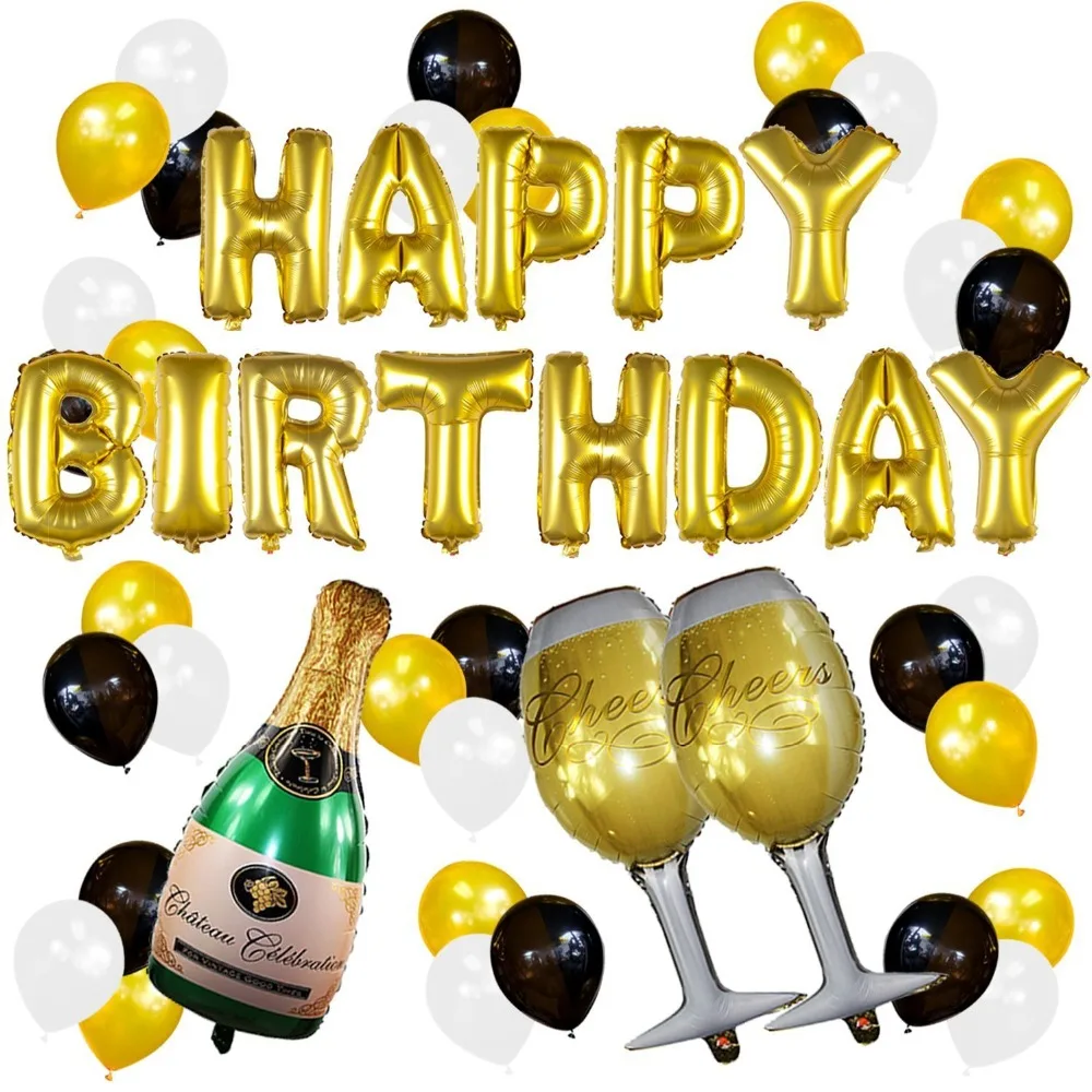 

34pcs/lot Happy Birthday Foil Balloon White Black Gold Ballons Aluminum Inflatable Balloons Birthday Party Decoration Supplies