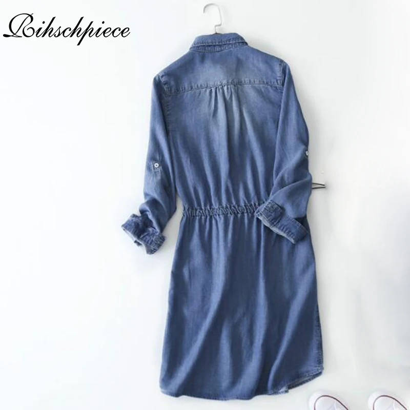 Rihschpiece 2018 Summer Tunic Denim Shirt Dress Women Vintage Party Dresses Plus Size Sexy Clothing Jeans Dress RZF1212