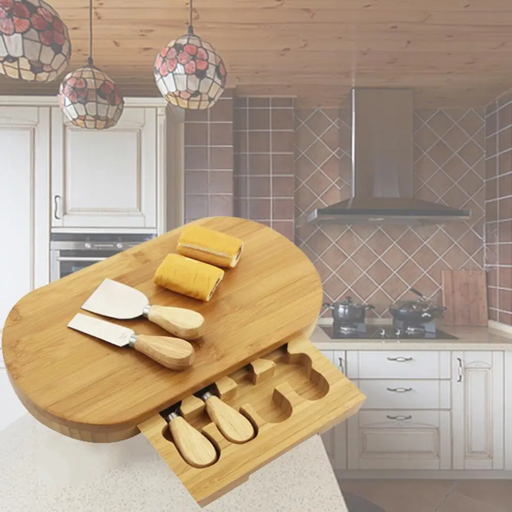 

Kitchen Natural Bamboo Cheese Board Cake Bread Slicing Plate Drawer Cutlery Set