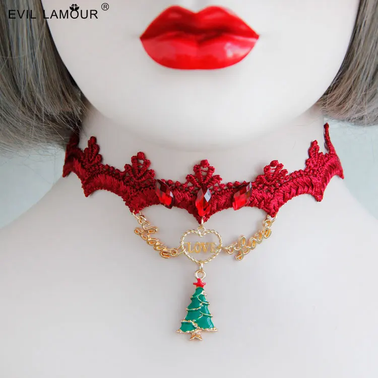 NEW ARRIVAL Christmas Tree Choker Necklaces for Woman Red Lace Gold