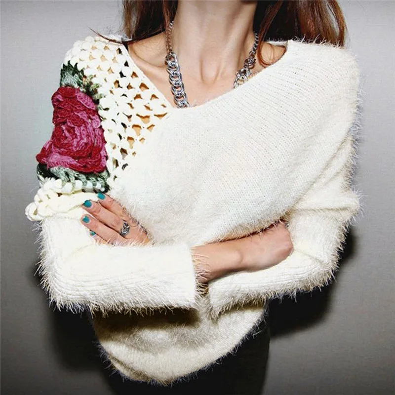 New Style Women Female Knitting Sweater Autumn Winter Pullovers Roses Hook Flowers Hollow 
