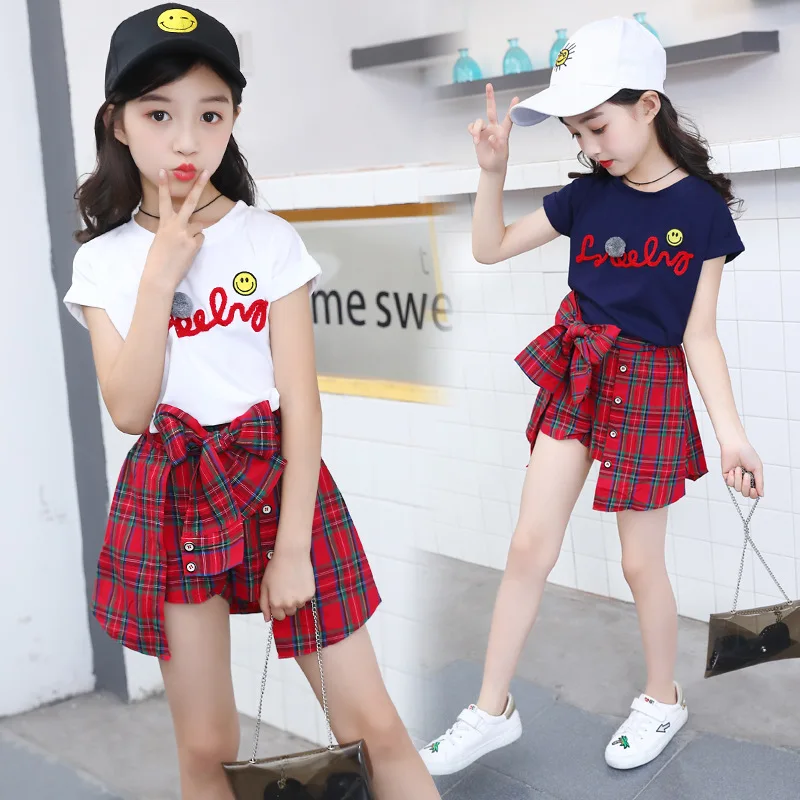  Hot Kids Girls Clothes 2019 Summer Kids sets Round Neck Letters Fashion able Children Checked Skirt