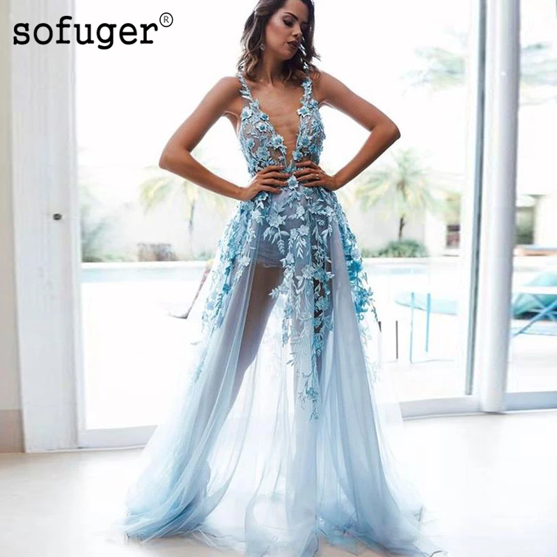 

Sky Blue Appliques Long Backless Evening Dresses Transparent Tulle Arabic Muslim Special Occasion Robe De Soiree Plus