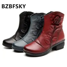 Новые женские ботильоны из натуральной кожи теплая зимняя обувь женская обувь на молнии женские ботинки с цветами модная обувь красного черного и голубого цвета