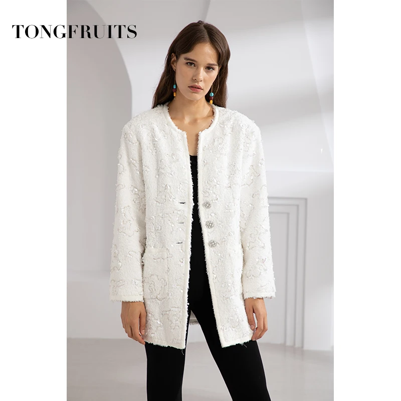 Fashion Custom Woven Fabric Jacket Women Autumn Sequin Coat Casual Single Breasted Warm Outwear Full Sleeve Female Jacket