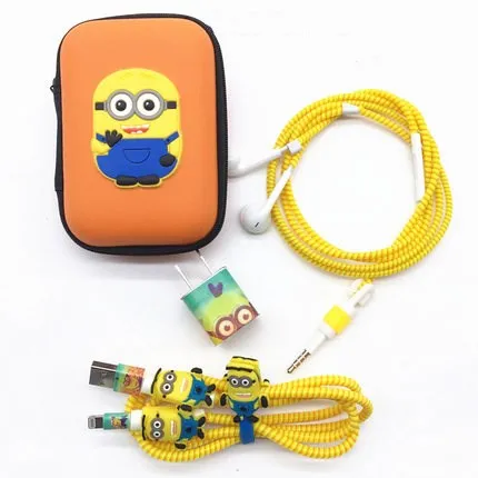 

Cartoon USB Cable Earphone Protector Set With Earphone Box Cable Winder Stickers Spiral Cord Protector For iphone 5s 6 6s 7 8