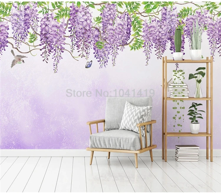 Самоклеящаяся настенная бумага 3D Красивая Ручная роспись фиолетовые цветы птицы и бабочки фото обои водостойкие наклейки