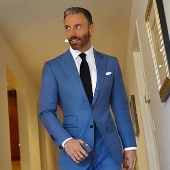 

Fashionable Two Buttons Blue Groom Tuxedos Peak Lapel Groomsmen Mens Wedding Suits Blazers (Jacket+Pants+Tie) W:615