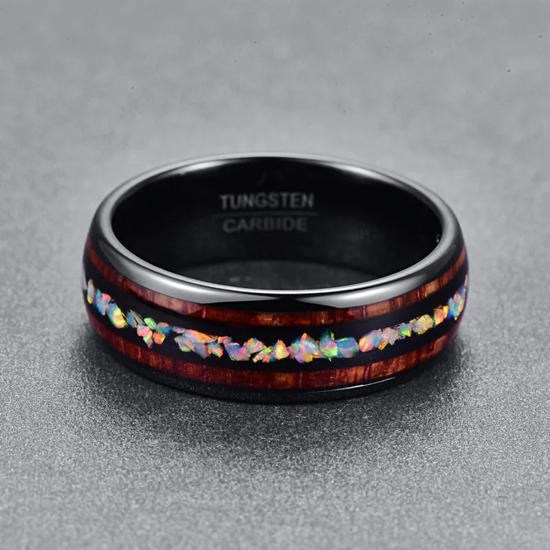 2018 Personality Tungsten men's Ring Engagement Wedding Jewelry ring vintage Dome Black Acacia Wood Opal rings never fade