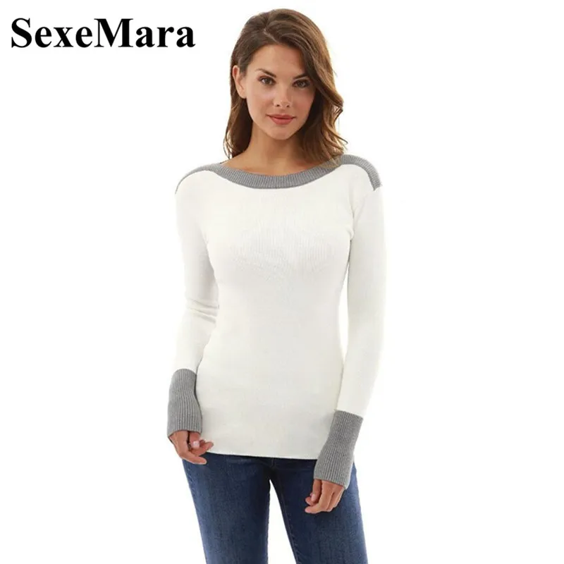 SexeMara Patchwork Knitted Sweater Women Pullover 2018 Autumn Winter Tops Casual Slim Long Sleeve Shirt Knit