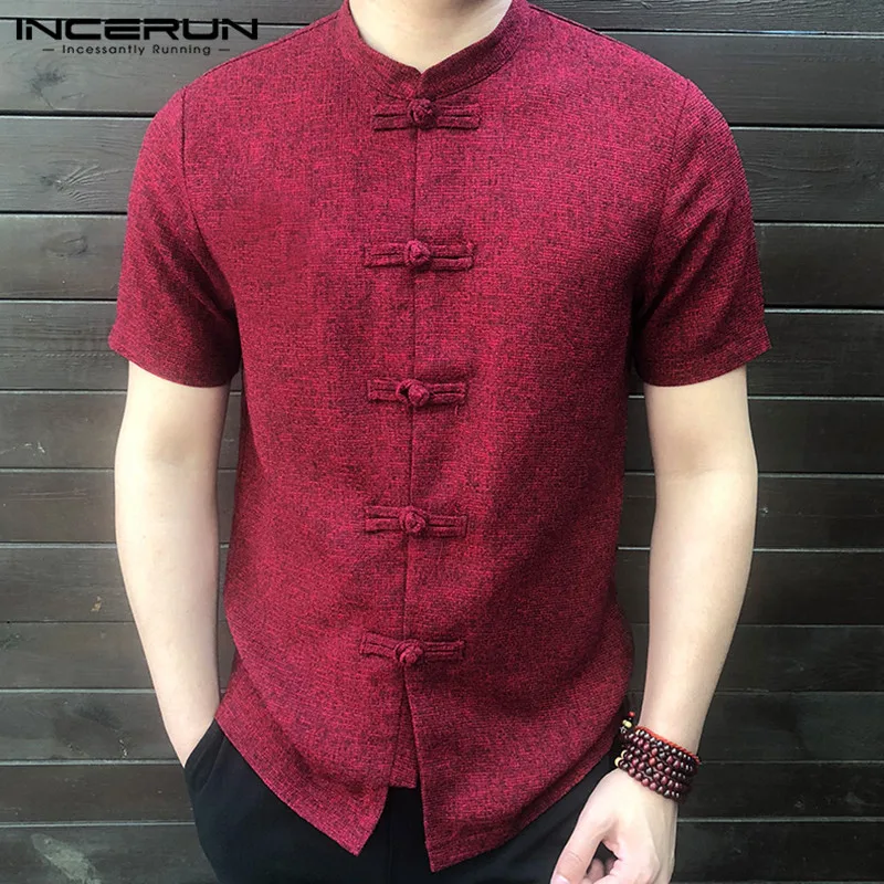 Wine Red INCERUN Hanfu мужская туника мужской Молодежный тонкий костюм Тан летняя китайская рубашка с короткими рукавами ретро пряжа для вышивания воротник - Цвет: Wine Red