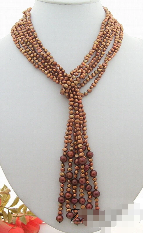 

HOT Charming! 46" 3Strds 8mm Brown Pearl Necklace