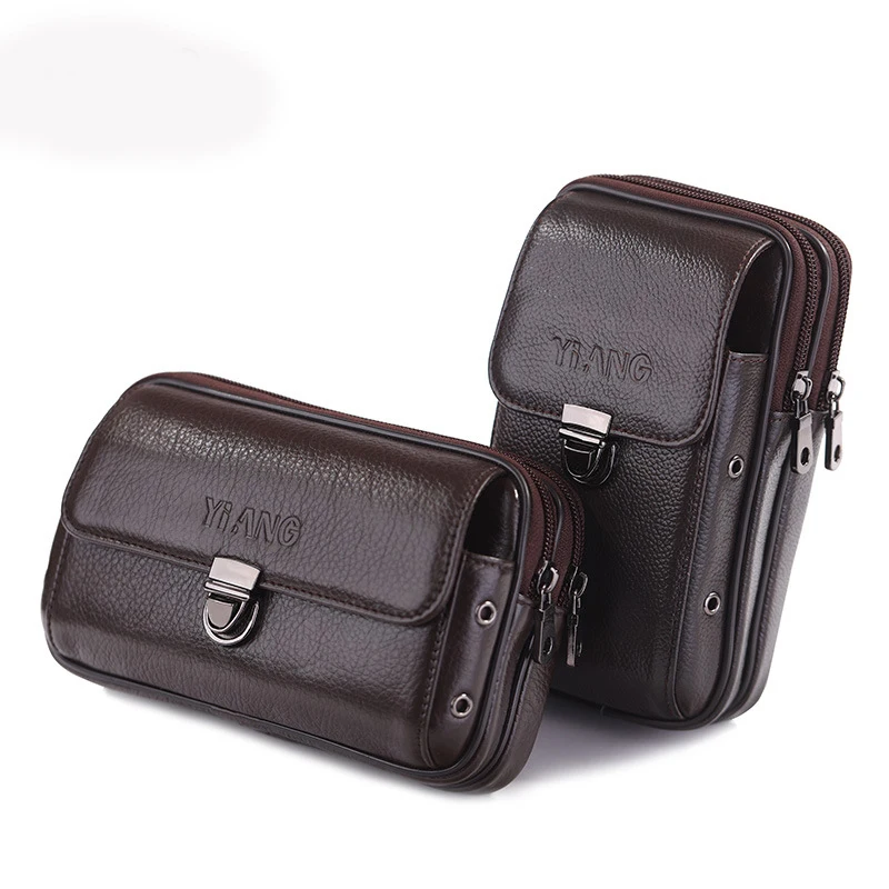 Bolsa dos Homens Pacote de Cintura de Couro Bolsas de Cigarro Genuíno Duplo Zíper Carteira Case Bolso Bolsa Fanny Pacote Cinto Dinheiro Celular – Mobile Phone