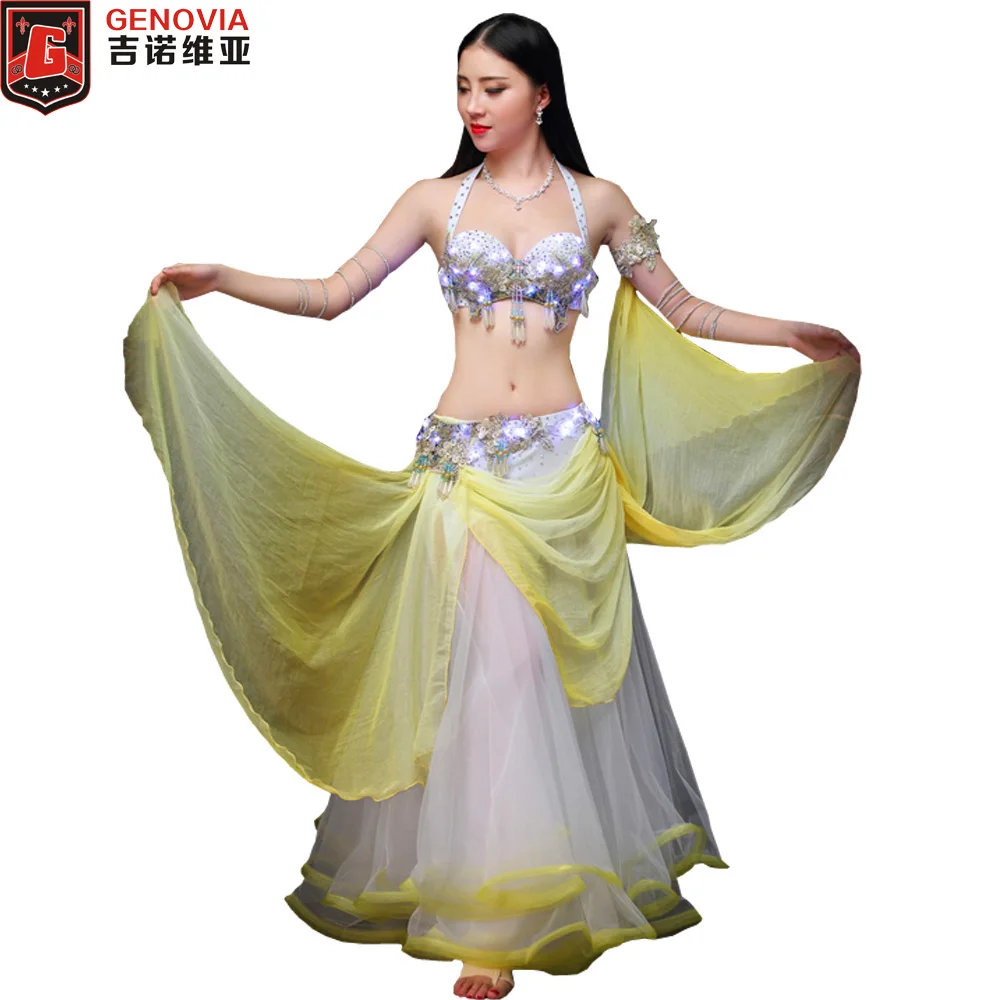 

2019 Women Professional LED Belly Dance Costume Set Stage Performance Stones Bra & Skirt & LED Light Set Dance Outfit