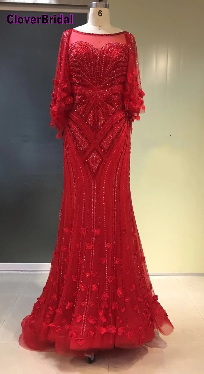 

CloverBridal high-end grosse fusee rouge de luxe tres ornes d 2017 big flare 3/4 sleeves red mermaid heavily beaded luxury