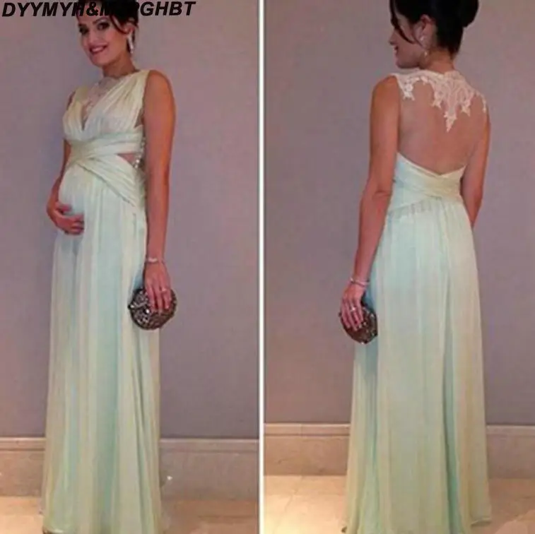 Pure Green Chiffon Evening Dresses Pleated See Through Appliques Sheath Floor Length Pregnant Formal Gowns Custom Made Fashion Top Sale_