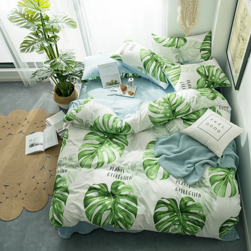 

Hawaii Style Bedding Set Home/Hotel Natural green leaf printing 4PCS bed set tropical plant bed cover bedroom decor pillowcases