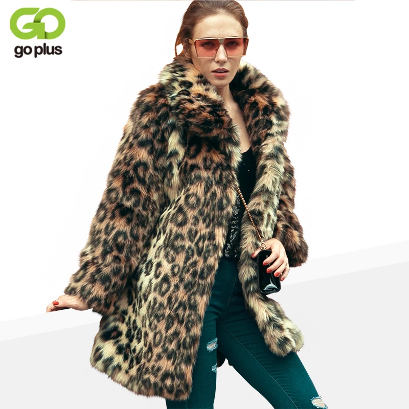 

GOPLUS 2019 Winter Fashion Women Faux Fur Coat Warm Leopard Coats Long Sleeve Turn-Down Collar Trench Coat Warm Outwear Overcoat