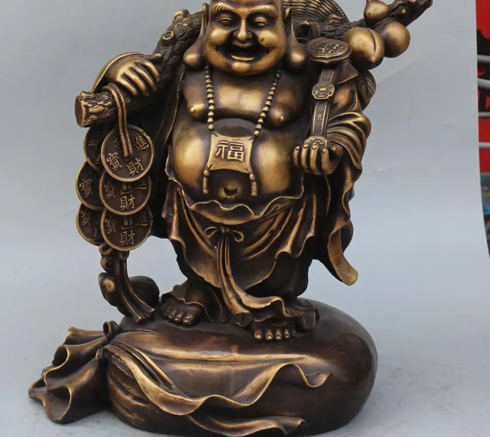 

21"China Pure Bronze Wealth Money Happy Laugh Maitreya Buddha Peach Gourd Statue