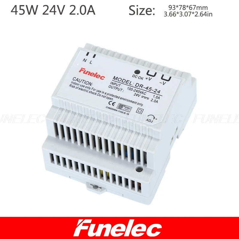 

Original FUNELEC SMPS DR-45-24 Single Output 45w 2A 24v Industrial DIN Rail Mounted Power Supply