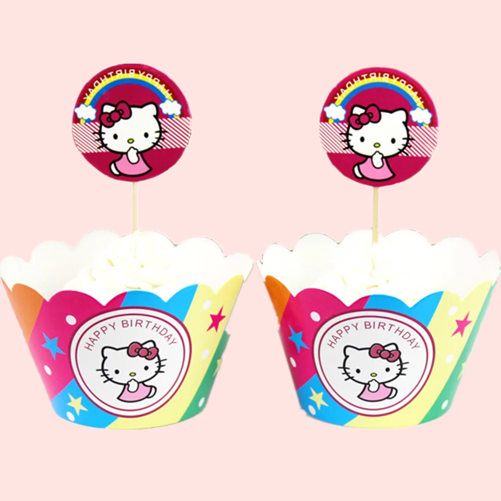 

24pcs Hello Kitty Baby Happy Birthday Paper Cupcake Wrappers&Toppers Kids Birthday Party Cake Decorating Tools
