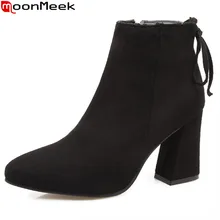 MoonMeek/осенне-зимние женские ботинки черного, серого, винно-красного цвета модные ботильоны из флока на молнии со шнуровкой острый носок, большие размеры 32-47