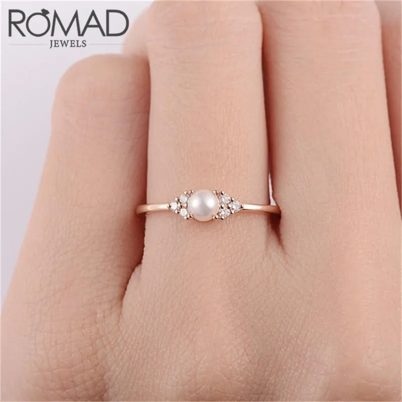

ROMAD Fashion Simulate Pearl Rings For Women Wedding Engagement Gold Silver Color Copper Small Rings 2019 Bijoux Ring Jewelry R4
