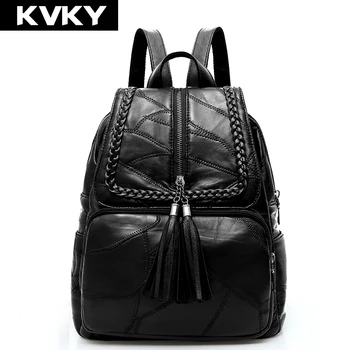 

KVKY Brand Genuine Leather Women Backpack For Teenage Girls School Backpack Solid Sheepskin Female Shoulder Bag Travel Mochilas