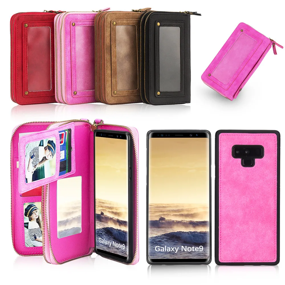 

Hot Dual Zipper Wallet Case for Galaxy Note9 Note8 Note3 Note4 S8 S9 S7 S6 S5 Card Slots Leather Purse Shell with Black Cover