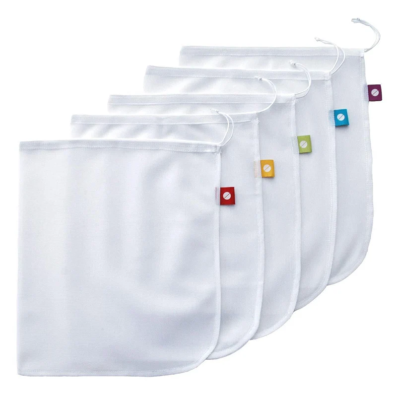 5Pcs Vegetable And Fruit Net Bag Reusable Mesh Bags Drawstring Eco-friendly Polyester Kitchen Organizer Home Storage Tools - Цвет: Arc Angle