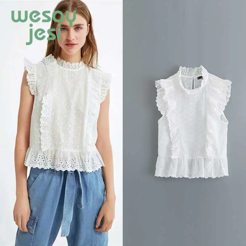 

2019 new summer embroiedry ruffles hollow out solid kimono blouse womens tops and blouses
