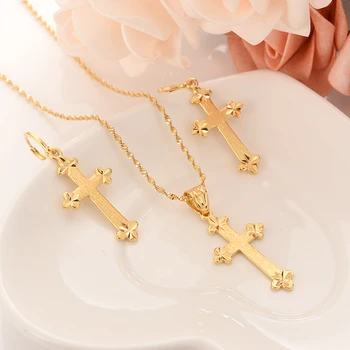 

cross Necklace Earrings Set Gold Color Catholic Religious wedding bridal Jewelry Set Christmas birthday Gift For Women