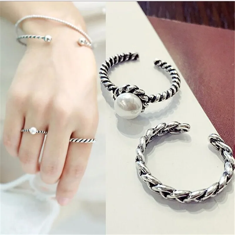 

2018 new 2PCS/set Vintage Antique Silver Twisted Woven Inset Imitation Pearl Opening Rings Sets For Girl Simple Rings