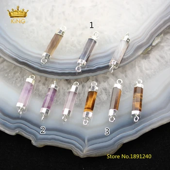 

10pcs/lot Silvery Plating Double Bails Natural Stones Charms Connectors Bracelet,5x20mm Cylinder Gems Links for Necklace DSS95