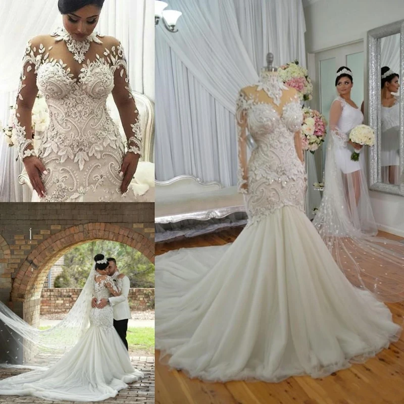 

African Plus Size Illusion Long Sleeve Mermaid Wedding Dresses Nigeria High Neck Full back Dubai Arabic Castle Wedding Gown
