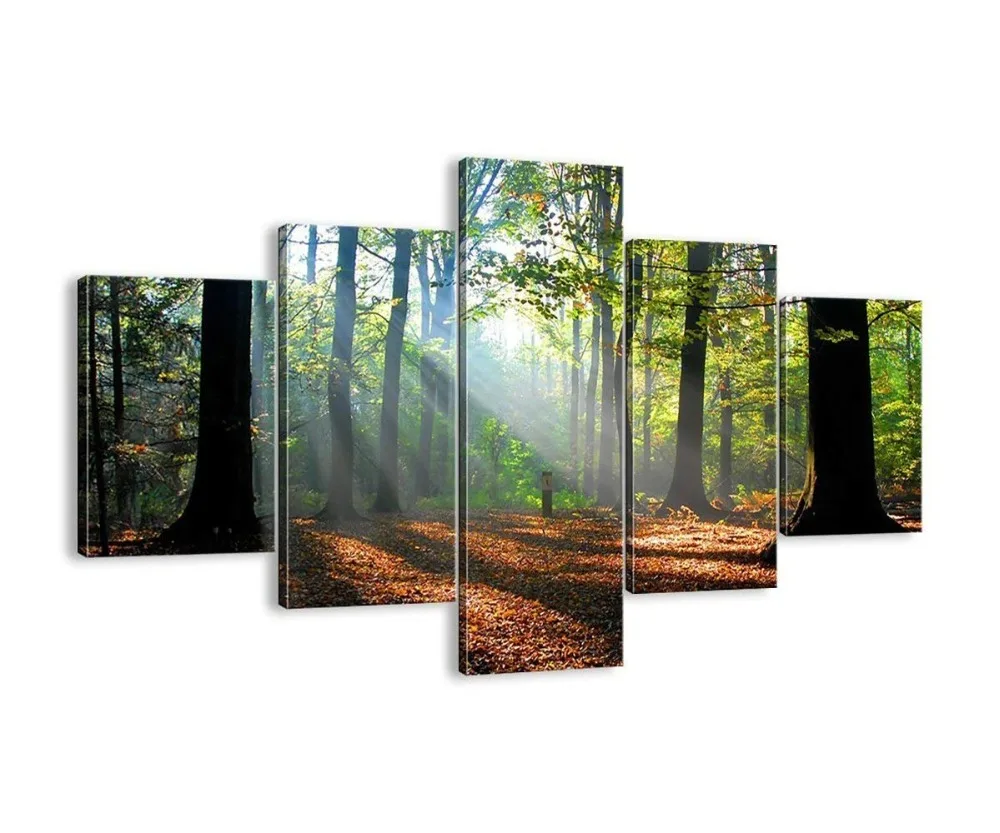 Fall Wooden Dock Bridge 5 Panel Wall Art Beautiful Tree Canvas Print Autumn Pictures for Living Room Home Decor Modern Painting Artwork Giclee Print Gallery Wrap Framed Stretched