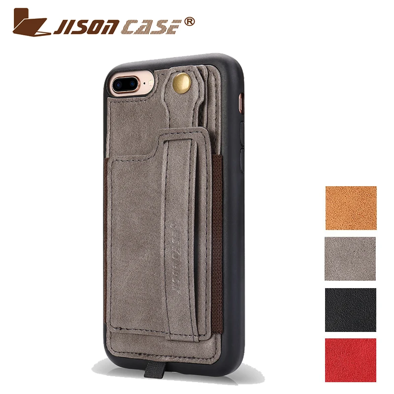 Jisoncase Leather Case For iPhone 8plus 5.5&quot With Card Slot and Lanyard Design Vintage Luxurious Fashion Plain Phone Cases |