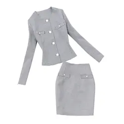 Комплект женский костюм из двух предметов весна-лето новый большой размер ретро OL Куртка + юбка Женский комплект