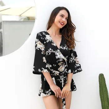 

V Neck Loose Sexy Bodysuit Lady Flower Print 2019 Fashion Beach Short Overall Women Summer Elegant Romper Short Sleeve